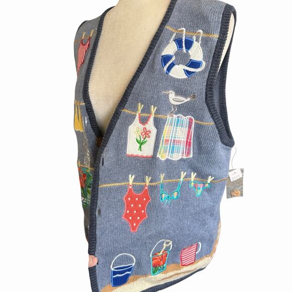 Vtg 90s Mandal Bay Sweater Vest Coastal Beach Cardigan Grannycore Teacher L NWT - Picture 4 of 10